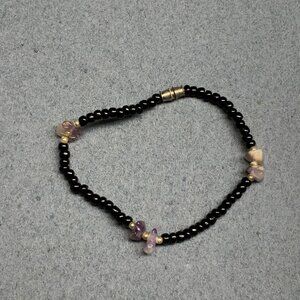 Round Black Beaded Bracelet 8 In Amethyst Silver Spacers Organic Boho Glam Retro